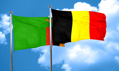Zambia flag with Belgium flag, 3D rendering