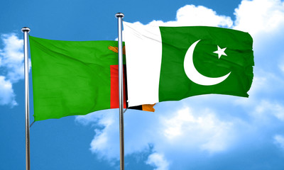 Zambia flag with Pakistan flag, 3D rendering