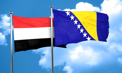 Yemen flag with Bosnia and Herzegovina flag, 3D rendering