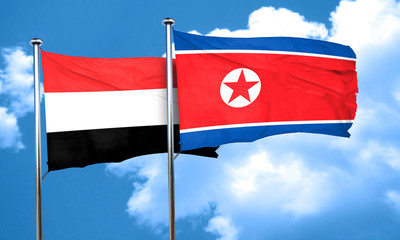 Yemen flag with North Korea flag, 3D rendering