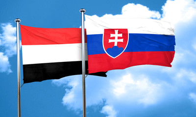 Yemen flag with Slovakia flag, 3D rendering