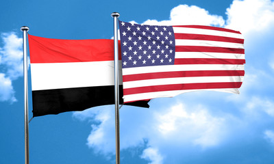 Yemen flag with American flag, 3D rendering
