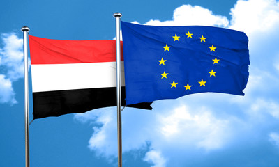 Yemen flag with european union flag, 3D rendering