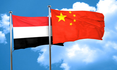 Yemen flag with China flag, 3D rendering