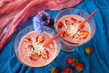 cocktail of strawberries and yogurt, healthy beverage made from fresh berries
