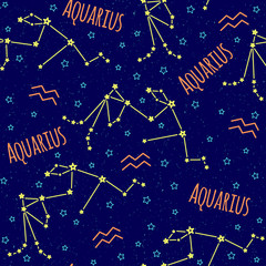 Fototapeta na wymiar Seamless vector pattern. Background with the image of constellation Aquarius zodiac sign on a dark blue background with blue stars. Pattern for design packaging, design brochures, printing on textiles