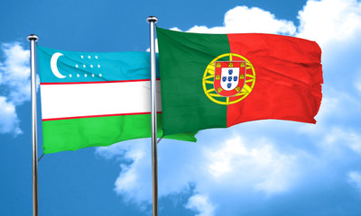 Uzbekistan flag with Portugal flag, 3D rendering