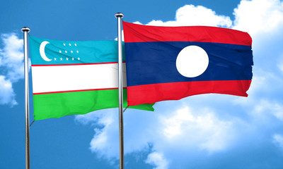 Uzbekistan flag with Laos flag, 3D rendering