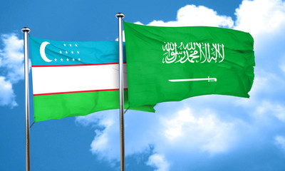 Uzbekistan flag with Saudi Arabia flag, 3D rendering