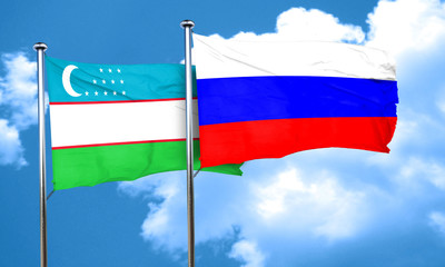 Uzbekistan flag with Russia flag, 3D rendering
