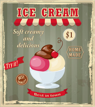 Vintage Banner With Scoop Cherry Ice Cream