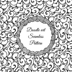 Doodle art. Abstract seamless pattern with twirl feed ribbon. Vector illustration. Coloring books. Black white.