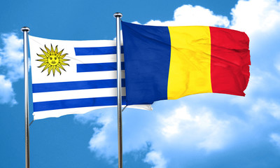 Uruguay flag with Romania flag, 3D rendering