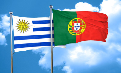 Uruguay flag with Portugal flag, 3D rendering