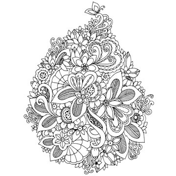 Vector illustration zentangl card with flowers. Doodle flowers, spring, jewelry, wedding. Coloring book anti stress for adults. Black white.
