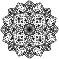 Drawing of a abstract vector with floral round lace mandala, decorative element in ethnic tribal style, black line art on a white background