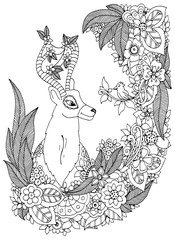 Vector illustration Zen Tangle deer in a flower frame. Doodle drawing. Coloring book anti stress for adults. Black white.
