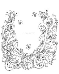 Vector illustration of floral frame Zen Tangle. Dudlart. Coloring book anti stress for adults. Black white.