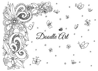 Vector illustration of floral frame Zen Tangle. Dudlart. Coloring book anti stress for adults. Black white.