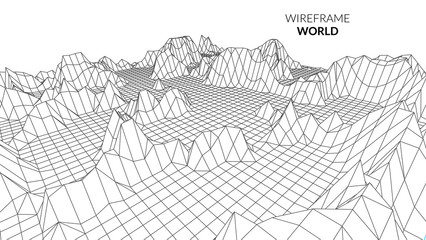 Wireframe Landscape Background. Futuristic Landscape with line Grid. Low Poly 3D Wireframe Mapping. Network Cyber Technology background