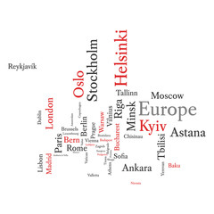 Word cloud in a shape of continent, contains all European capitals. Conceptual European map in black and red font, isolated on white. Vector illustration.
