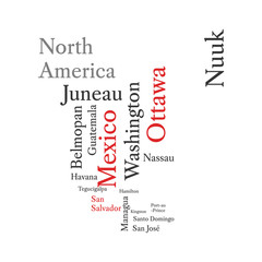 Word cloud in a shape of continent contains all North American capitals. Conceptual North American map in black and red font isolated on white. Vector illustration.