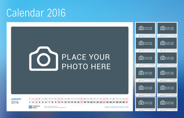Calendar for 2016 year. Vector design print template with place for photo. Week starts Monday. Set of 12 calendar pages. Stationery design