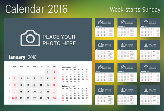 Calendar for 2016 year. Vector design print template with place for photo. Week starts Sunday. Set of 12 calendar pages. Stationery design