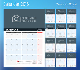 Calendar for 2016 year. Planner template. Vector design print template with place for photo. Week starts Monday. Set of 12 calendar pages. Stationery design
