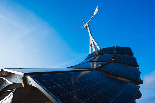 Low angle view of solar energy panel structure and blue sky, Malmo, Sweden