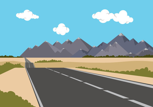 a road mountain on desert with blue sky and cloud vector graphic illustration