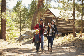 Family walking away from a log cabin in a forest - obrazy, fototapety, plakaty