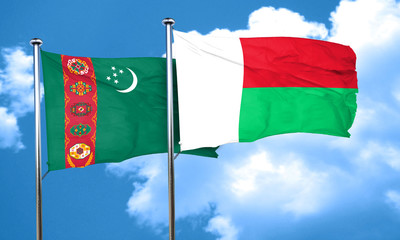 Turkmenistan flag with Madagascar flag, 3D rendering