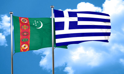 Turkmenistan flag with Greece flag, 3D rendering