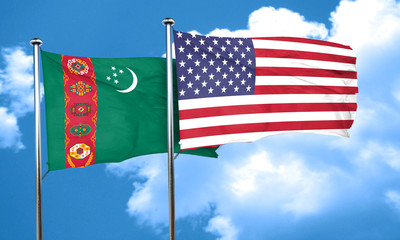 Turkmenistan flag with American flag, 3D rendering