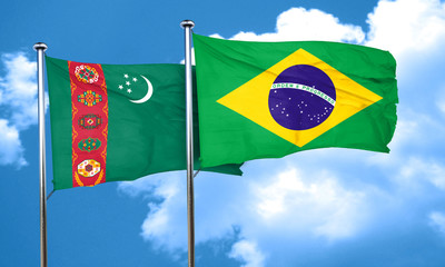 Turkmenistan flag with Brazil flag, 3D rendering