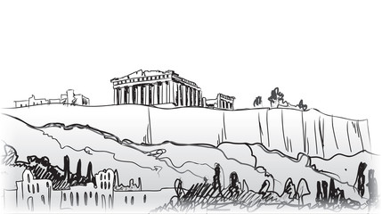Acropolis Hill in Athens Landscape. Travel Greece sign. Athens famous landmark building city view, Greece.