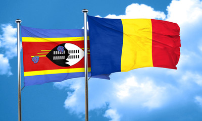 Swaziland flag with Romania flag, 3D rendering