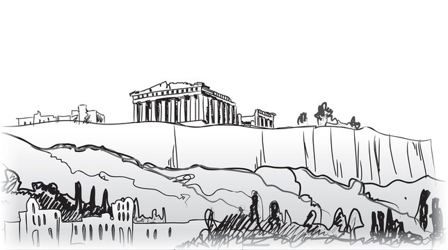 Acropolis Hill in Athens Landscape. Travel Greece sign. Athens famous landmark building city view, Greece.