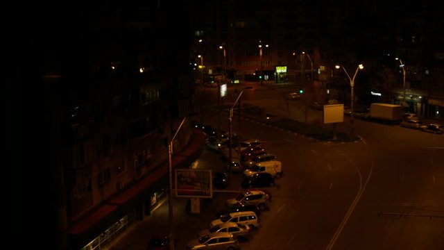 Aerial View Of A Street Late At Night, Night Traffic, Pan