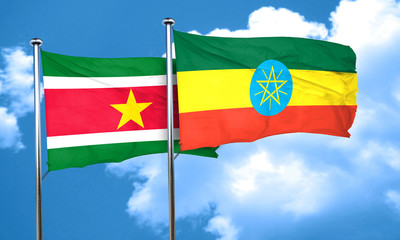 Suriname flag with Ethiopia flag, 3D rendering