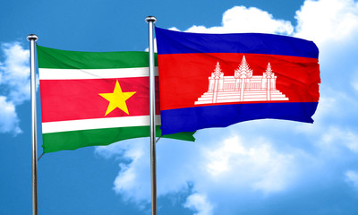 Suriname flag with Cambodia flag, 3D rendering