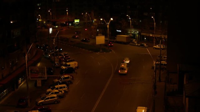 Aerial View Of A Street Late At Night, Night Traffic, Pan