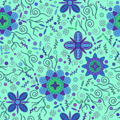 Abstract Seamless Background with Symbolical Colorful Patterns and Floral Ornaments. Vector