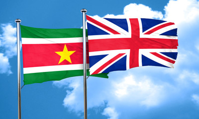 Suriname flag with Great Britain flag, 3D rendering