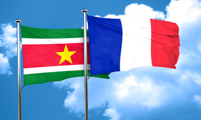 Suriname flag with France flag, 3D rendering
