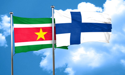 Suriname flag with Finland flag, 3D rendering