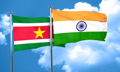 Suriname flag with India flag, 3D rendering