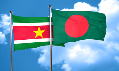 Suriname flag with Bangladesh flag, 3D rendering