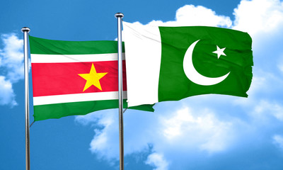 Suriname flag with Pakistan flag, 3D rendering